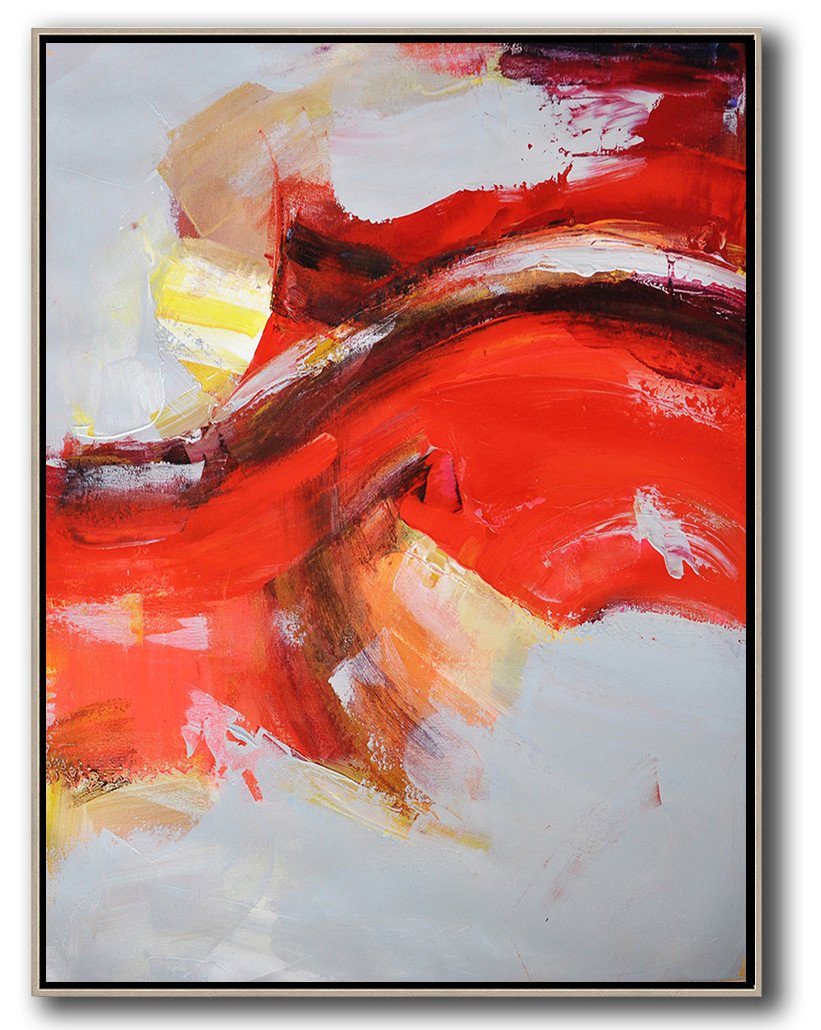 Original Painting Hand Made Large Abstract Art,Vertical Palette Knife Contemporary Art,Xl Large Canvas Art,Grey,Red,Yellow.etc